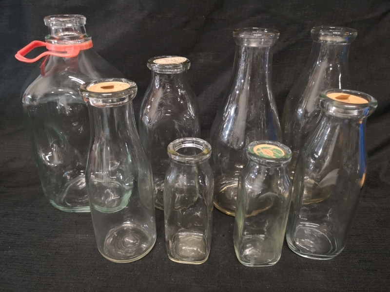 8 Vintage Glass Milk Bottles with Paper Bottle Tops - Tallest 10.75"