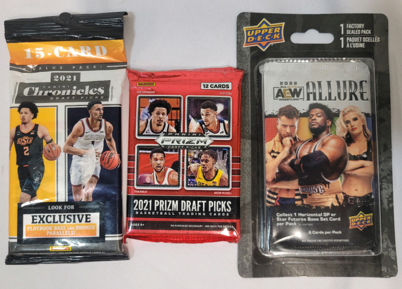 2021 Panini Chronicles & Prizm Draft Picks NBA Basketball Trading Card Sealed Wax Packs and 2022 UD AEW Allure Wrestling Trading Card Sealed Pack