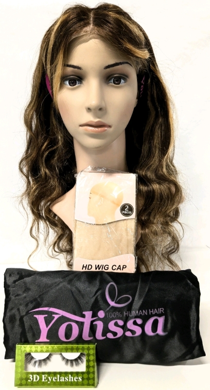 New Yolissa Wavy 30" Long 100% Human Hair Lace Front Wig w Satin Bag, Elastic Hairband, 2 Wig Caps & 3D False Eyelashes