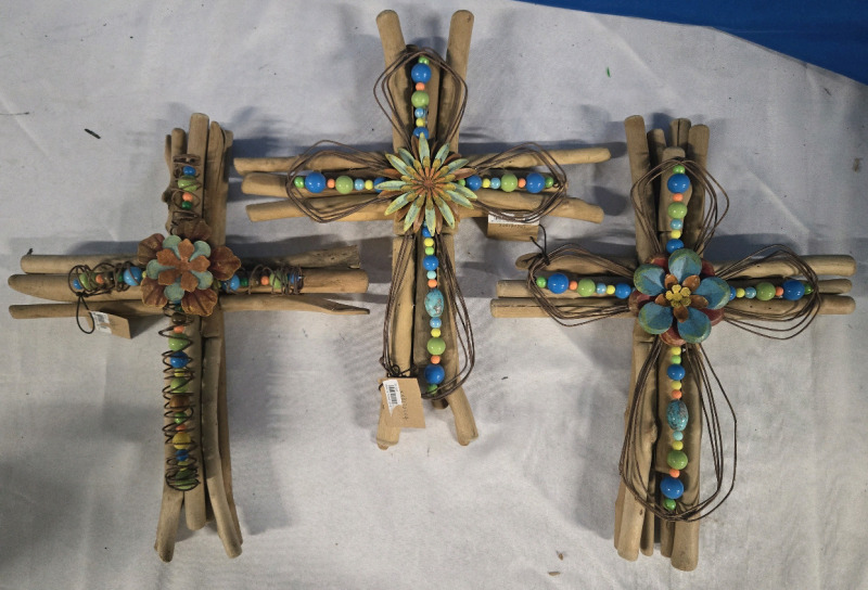 3 New | Unique Folk Art/ Garden Art Made From Driftwood | Cross With Flowers & Beads | Largest Cross Measures 15" Tall