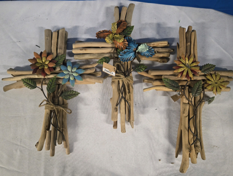 3 New | Unique Folk Art/ Garden Art Made From Driftwood | Cross With Flowers Design | Largest Cross Measures 17" Tall