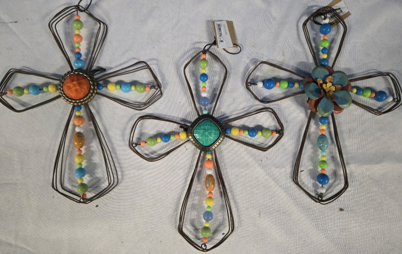 3 New | Unique Metal Cross Garden Art | With Colourful Beads | 1 With Flower Center piece & 2 With Gem Like Center pieces | Measures 12" Tall Each