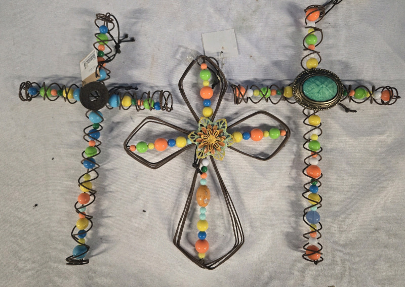 3 New | Metal Garden Art | ( 2 ) Metal Spring Crosses With Beads | ( 1 ) Metal Cross With Flower Center Piece & Beads | Tallest Cross Measures 11.5" Tall