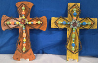 2 | Metal Cross Garden Art | ( 1 ) Orange With Flower Center Piece, Decorated With Beads & Wide Shaped | ( 1 ) Yellow With Flower Center Piece, Decorated With Beads, Slimmer Shapped | Tallest Cross Measures 12.5" Tall