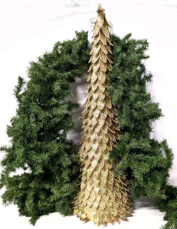 New Barcana Artificial Evergreen Garland (10" x 9') & Gold & Glitter "Scale" Decorative Christmas Tree (36")