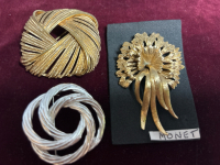 3 Vintage Signed Monet Brooches 2” Square Brooch Spun Wire Gold Tone MCM and Fabulous