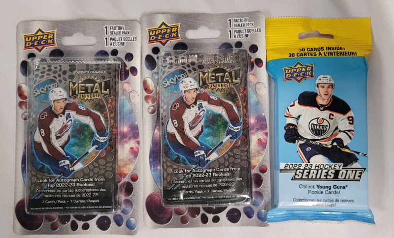 2022 - 23 UD Skybox Metal Universe NHL Hockey Trading Card Sealed Packs & 2022 - 23 UD Series One NHL Hockey Trading Card Sealed Wax Pack . Three (3) Packs Total