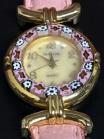 Glass Of Venice Murano Glass Millefiori Watch with Leather Pink Band Running