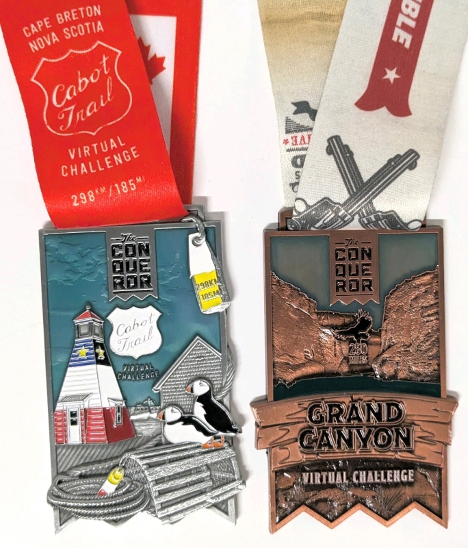 2 THE CONQUEROR Virtual Challenge Enameled Metal Medallions | Cabot Trail Nova Scotia 298Km / 185Mi & Grand Canyon 280Mi | Medals 2.5" x 4" on 42" Long Ribbons