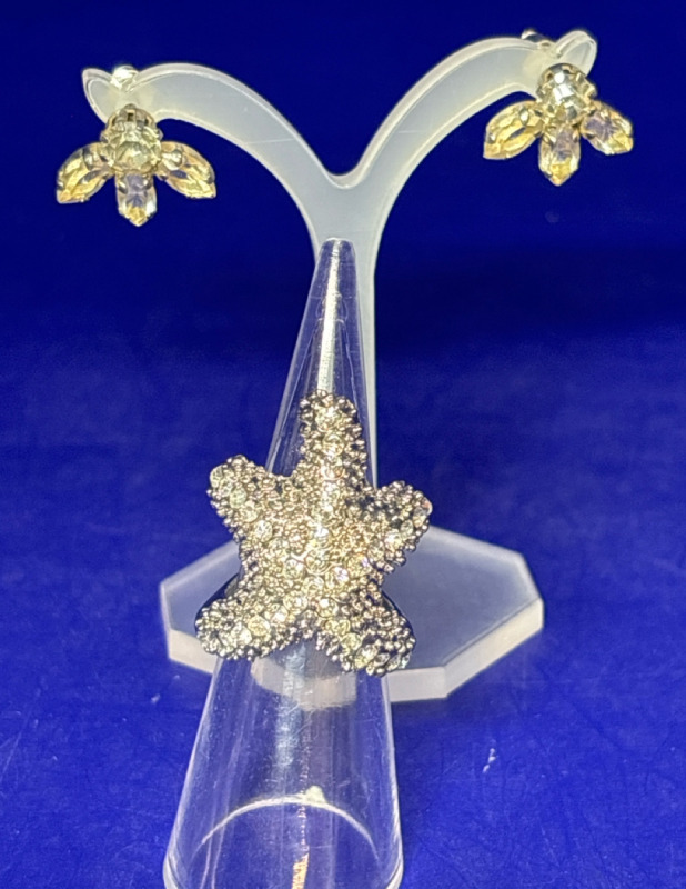 Statement Rhinestone Starfish Ring pierced Chaton Navette Earrings