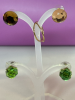 Signed Faceted Green Tulip Set Prong Earrings Round Faceted Studs + Cross Over Ring.