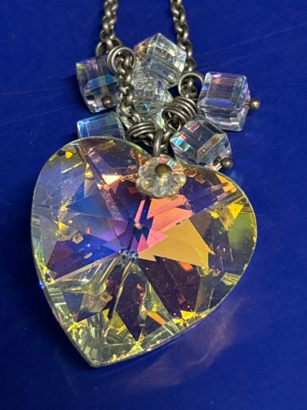 Sterling Silver 925 Crystal AB Large Heart Necklace Stamped