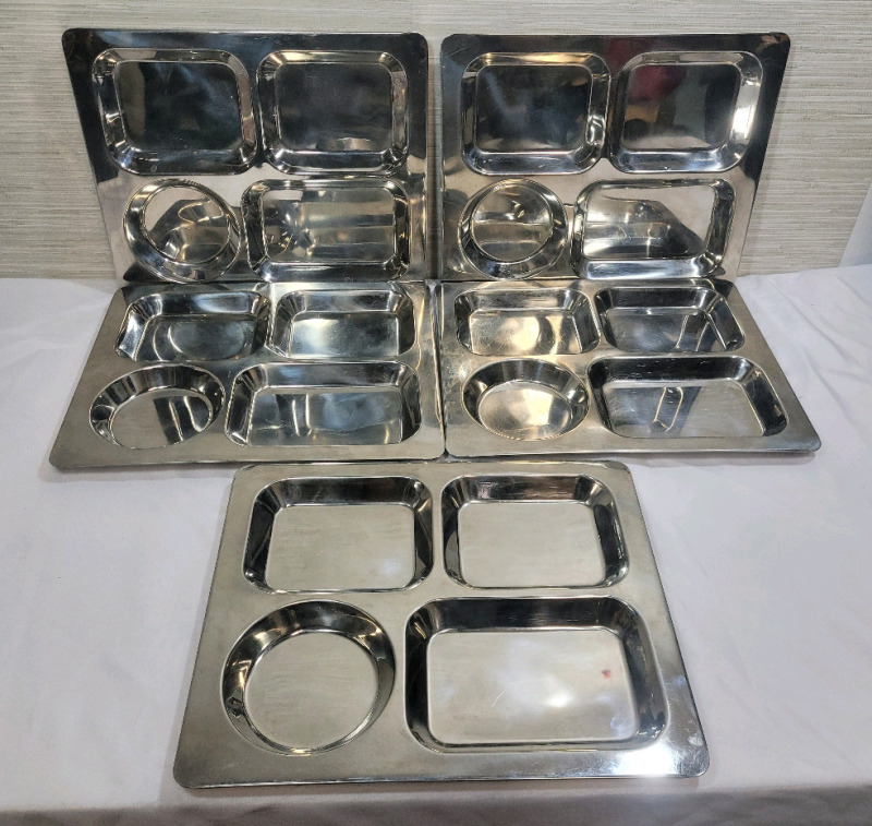 Sharda 18/8 Stainless Steel 4-Section Divided Dinner Trays , Five (5) Trays . Made in India . Measures 13.5"&times;11 1/4"