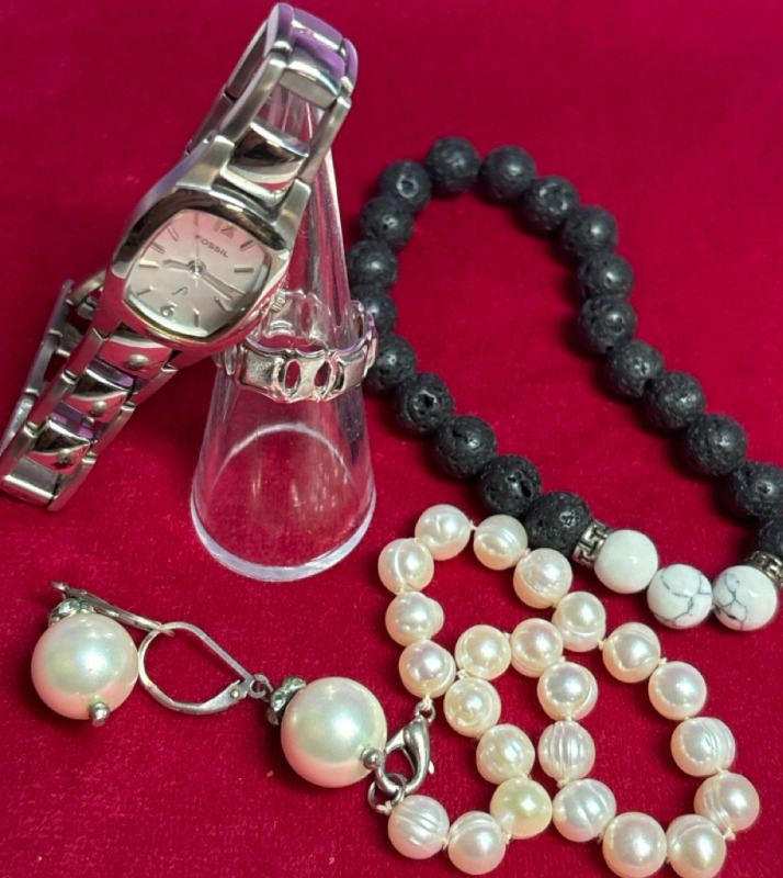 Fossil Watch ES9536 Fresh Water Pearl lovely Bracelet Ring plus