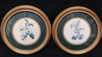 2 Vintage Framed Floral Prints 9" Diameter