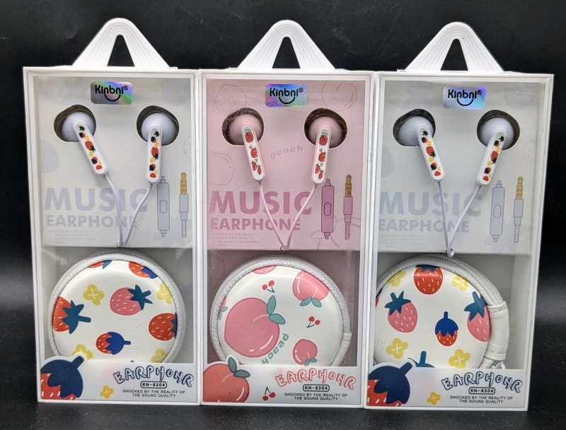 3 New Kinbni Fruit-Themed Wired Earphones with Matching Zippered Case & Built-In Microphones | KN-8304