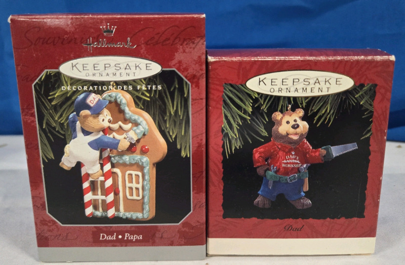 2 New Vintage 1993-1998 | Hallmark Keepsake Dad Christmas Ornaments | 1 Bear Building Gingerbread House & 1 Lumberjack Bear | Box Ranges From 3½" - 4 ¼"