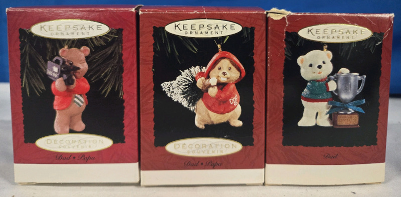 3 New 1994-1996 | Hallmark Keepsake Dad Christmas Ornaments | Bear Using A Camcorder | Bear Carrying Christmas Tree | Bear Holding Worlds Greatest Dad Cup | Box Size Ranging From 3.5" -3¾"