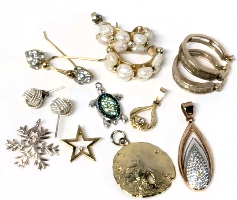 Vintage to Modern Gold & Silver Tone Jewelry | 925 Sterling Hoop Earrings with CZ Baguettes, Stud Earrings, Sand Dollar Pendant + | Largest 1.5" Long incl Bale