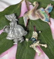 3 Vintage Brooches | Signed Seagull Pewter Dutch Girl, Enameled Figure Skater & Gorgeous Ibis Crane | Largest 2.25" Long