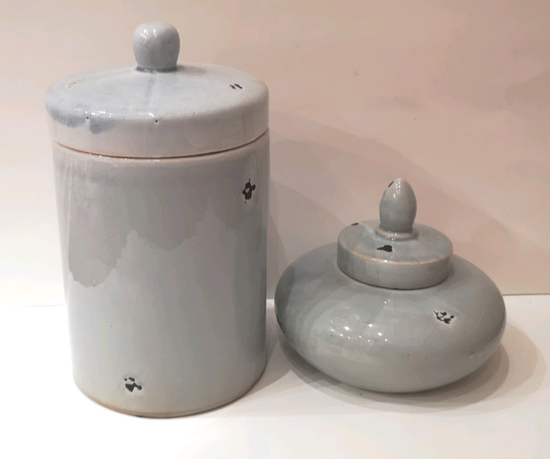 2 Vintage Style Pottery Canisters - Tallest 12"