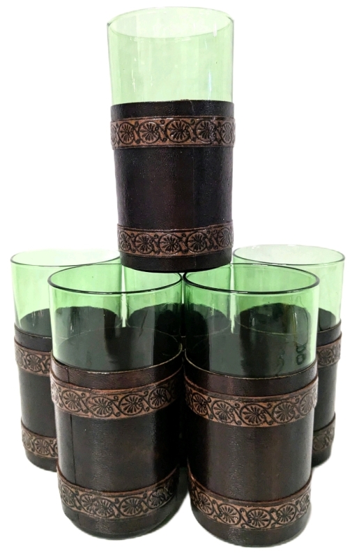 Gorgeous Set of 6 Vintage MCM Emerald Green Drinking Glasses Wrapped with Embossed Leather | 2.3" Diam x 4.5" Tall ea