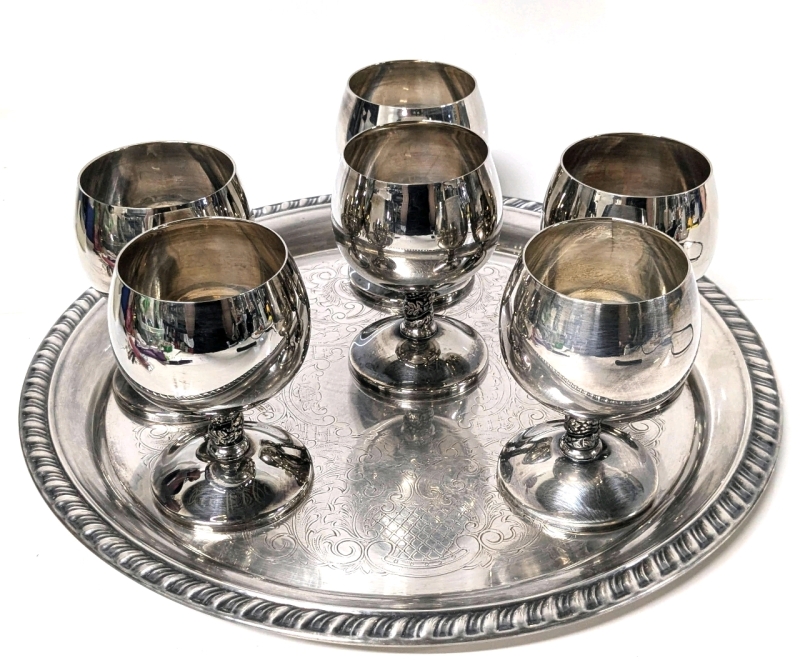 6 Vintage Signed J Perez Ruiz Spain Plated Silver Goblets (4" Tall ea) with Large Round EP Brass USA Tray (12.25" Diameter)