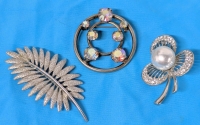 3 Vintage Silver Tone Brooches | Palm Frond Stamped 0765, Circular w AB Rhinestones, 3-Leaf Clover w Faux Pearl | Largest 2.5" Long