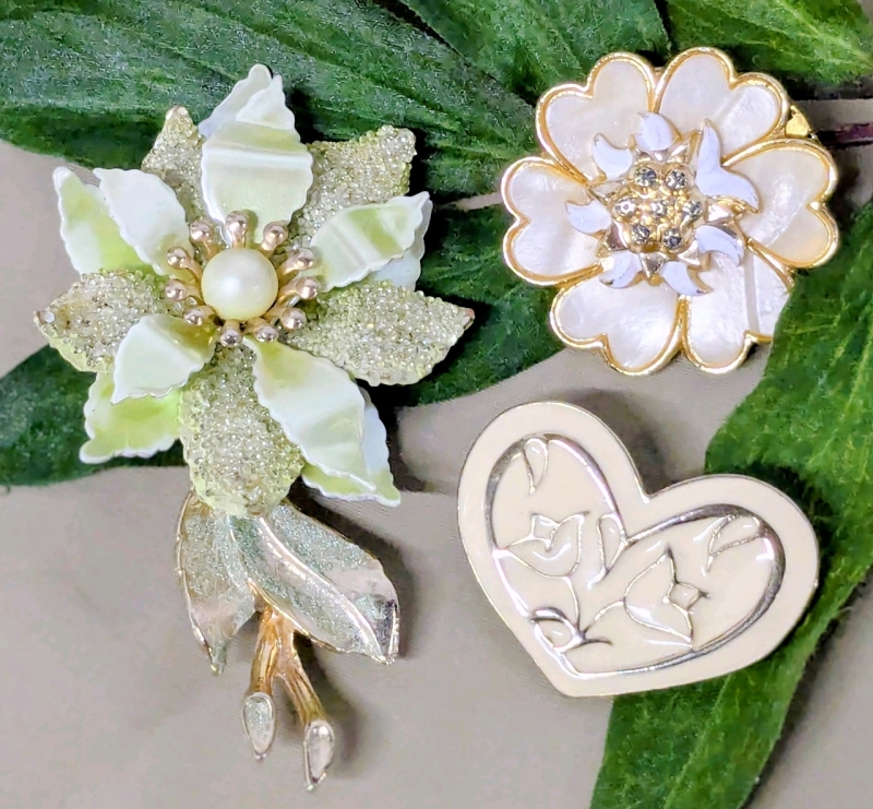 Large Vintage Encrusted Enamel Flower Brooch, Signed West Germany Floral Scarf Clip & Enameled Heart Brooch w Flowers | Largest 3.15" Long