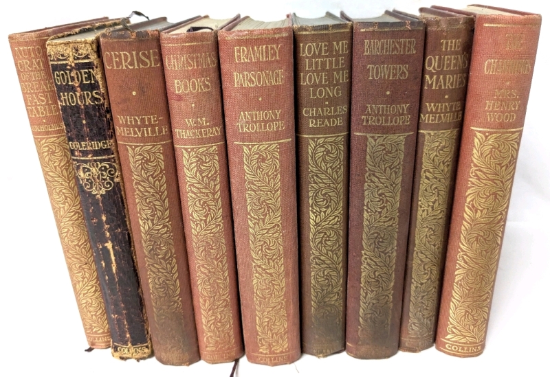 9 Vintage (Possibly Older) Hardcover Books : Oliver Wendell Holmes, Samuel Taylor Coleridge, Reade, Melville, Trollope +