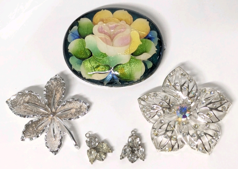 Vintage Silver Tone & AB Flower Brooch, Signed Sarah Cov Leaf Brooch, Large Shimmery Oval Brooch & 2 Angel Rhinestone Charms | Largest 2.2" x 1.7"