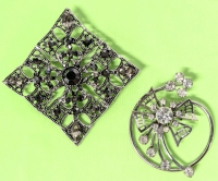 2 Large Vintage Silver Tone Brooches: Pinwheel Ribbon & Large Square w Black Rondelle Glass Stones | Largest 1.8" x .8"