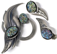 Absolutely Beautiful Art Deco Iridescent Enamel Cab Brooch & Clip-On Earrings Set | Brooch 3.5" Long