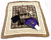 Vintage 100% Silk Cartier Scarf (33" x 33") & Jewelry Box with Contents & Tilley Genuine Hide Key Case | Box Measures