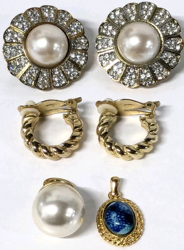 Vintage Gold Tone | Substantial Faux Pearl Flower Clip-On Earrings w Rhinestones, Rope Hoop-Style Earrings, Large Faux Pearl Pendant & Pendant w Lapis-Like Stone | Largest Earrings 1.25" Diameter ea