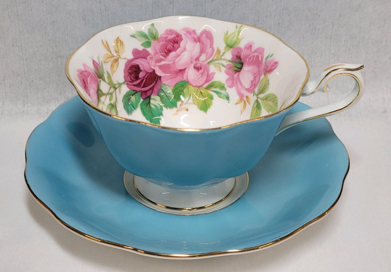 Royal Albert Pink Cabbage Rose Avon Shape Blue Cup & Saucer . Both Ring True , No chips or cracks