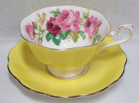 Royal Albert Pink Cabbage Rose Avon Shape Yellow Cup & Saucer . Both Ring True , No chips or cracks