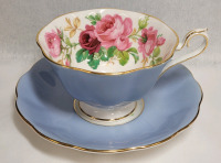 Royal Albert Pink Cabbage Rose Avon Shape Baby Blue Cup & Saucer . Both Ring True , No chips or cracks