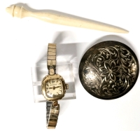 Vintage Signed Forsther Silver Etched Brooch, Awl Bodkin Made of Natural Material & Ladies Witthauer Watch on Spiedel Expanding Band (Currently Non-Functional) | Brooch 1.75" Diameter