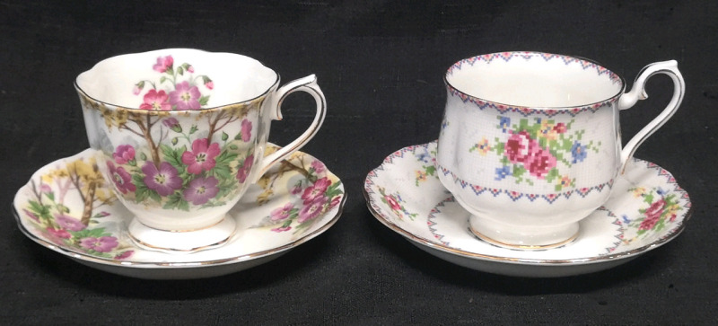 2 Vintage Royal Albert Wild Geranium & Petit Point Patterned Teacups & Saucers