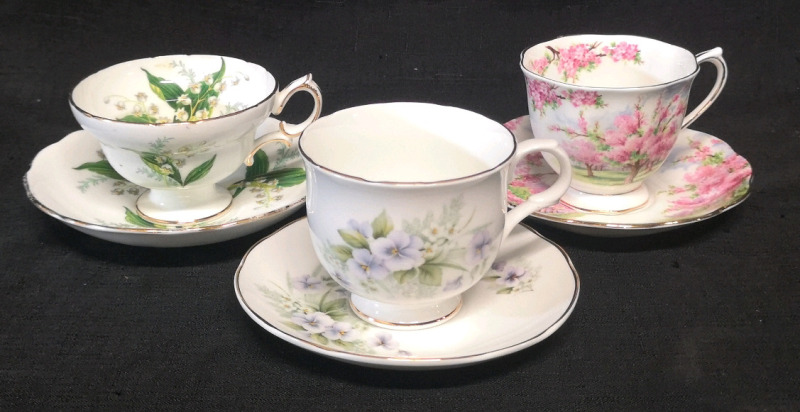 3 Vintage Royal Albert, Sadler & Hammersley Teacups & Saucers