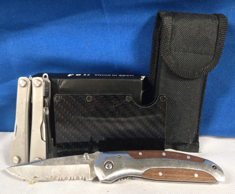 Assorted Lot | Includes ( 2 ) Multi-Tools 1 Herc rental | ( 1 ) Winchester Pocket Knife W/ 2.5" Long Blade & ( 1 ) Carbon Fiber Like Card Holder For Debit/ Credit Cards | Lagrest Item Measures 6"