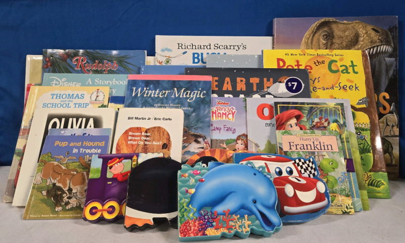 30+ Children's Book Lot | Includes But Isn't Lmited To; Disney Books, Rudolph, Olivia The Pig Books, Dinosaurs, Pete The Cat, Thomas The Tain Engine, Curious George, & Many More!