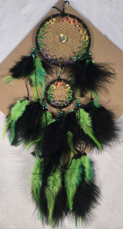 New | Dream Catcher With Colourful Beads & Black & Green Feathers | Measures 21" Long