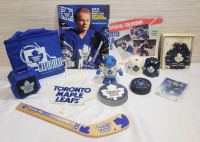 Toronto Maple Leafs Hockey Memorabilia Lot . Puck , Mini Stick , Patch , Lunch Bag , Speaker , Salt & Pepper plus more