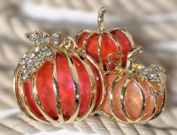 Lovely Large Gold Tone Triple Pumpkin Brooch w Glittery, Glowing Faceted Poured Insides & Open Cab Backs w Clear Rhinestones on Leaves | 2.4" x 1.5"