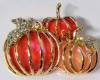 Lovely Large Gold Tone Triple Pumpkin Brooch w Glittery, Glowing Faceted Poured Insides & Open Cab Backs w Clear Rhinestones on Leaves | 2.4" x 1.5" - 2