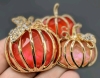 Lovely Large Gold Tone Triple Pumpkin Brooch w Glittery, Glowing Faceted Poured Insides & Open Cab Backs w Clear Rhinestones on Leaves | 2.4" x 1.5" - 4