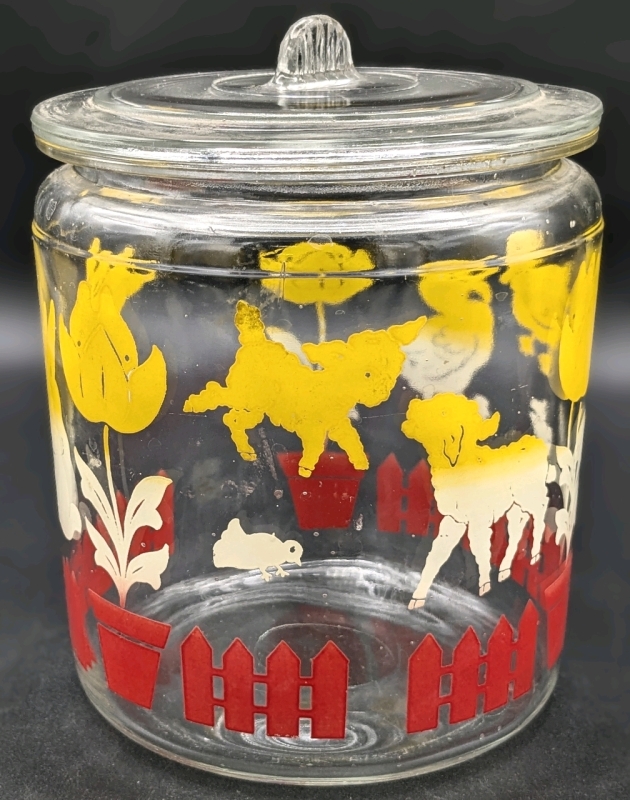 Adorable Vintage Glass Cookie Jar Decorated w Spring Lambs, Bunnies, Chicks, Ducks & Tulip w Lid | 5.5" Tall