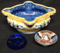 Vintage Cobalt Blue Glass Ashtray, Beautiful Bowl (Japan) + Small Enamel Dish